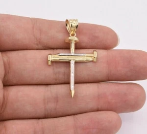 1 3/4" Screw Nail Cross Charm Pendant Diamond Cut Real 10K Yellow White Gold - Picture 1 of 5