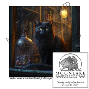 Cat in the Magic Shop Window 100% Cotton or Polyester Fabric Squares - Picture 1 of 3
