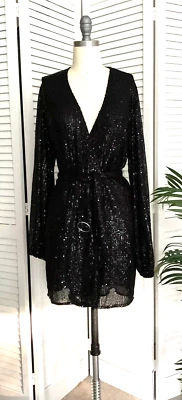 Judith March Size M Black Sequin Cocktail Wrap Dress - Image 1 of 4