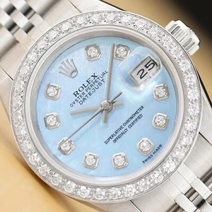 ROLEX LADIES DATEJUST 69174 ICE BLUE MOTHER OF PEARL 18K GOLD SS DIAMOND WATCH - Picture 1 of 9
