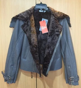 NWT Womens Doma Leather Shearling Zip Up Bomber Moto Jacket Brown Grey Coat M (S - Picture 1 of 12