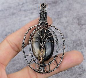 Tree Of Life Black Sheen Obsidian Gemstone Copper Wire Wrapped Handmade Pendant