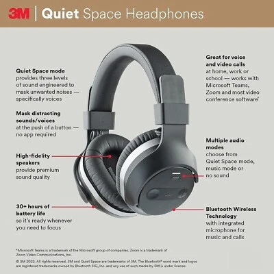 3M Quiet Space Headphones Black Hi-Fi, Sound Blocking, 30+ Hrs Battery Bluetooth - Image 1 of 4