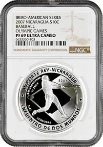 Nicaragua 10 cordobas 2007, NGC PF69 UC, "Ibero-America - Baseball" Top Pop - Picture 1 of 2