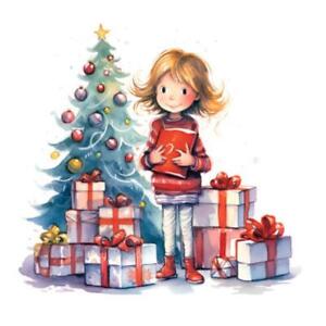 Kleines Mädchen mit Geschenkboxen und Weihnachtsbaum. Aquarellillustration (2114
