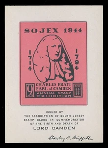 1944 SOJEX BRIEFMARKENSCHAU ETIKETT - CHARLES PRATT, EARL OF CAMDEN - Bild 1 von 2