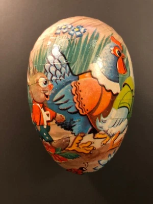 Œuf de Pâques ancien en papier mâché - Allemagne décor lapin poule canard - Photo 1/4