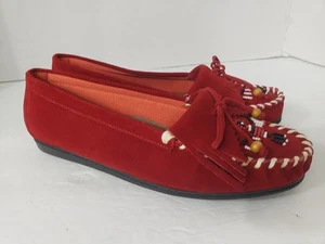 Hunters Run Damen-Mokassins Leder rot Kirsche Wildleder Perlen Größe 8,5 harte Sohle - Bild 1 von 7