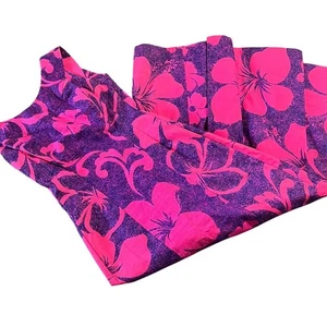 Maxi abito svasato vintage Hawaiian Island Togs rosa viola floreale ibisco aderente S - Foto 1 di 5