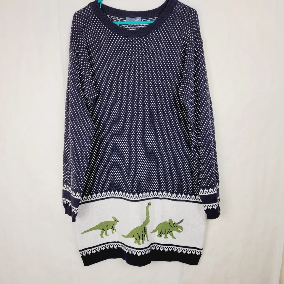 Mod Cloth navy blue dinosaur long sleeved fair isle sweater dress Size XL whimsy - Image 1 of 4