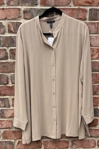 Neu mit Etikett Eileen Fisher Longshirt Brombeer hellbraun Seide Georgette Mandarinkragen XL $ 278 - Bild 1 von 5