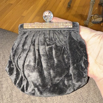 Black Velvet ANTIQUE Clutch Bag & Coin Purse Built In, Purple Rhinestones - Image 1 of 4