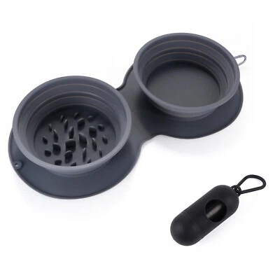 2 en 1 Plegable Portátil Viaje Mascota Perro Gato Agua Alimento Cuenco con Bolsa de Basura Foto 1 de 4