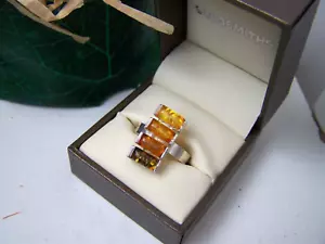 ABSTRACT MODERNIST 925 SOLID STERLING SILVER GREEN HONEY AMBER RING SIZE P 7.5 - Picture 1 of 11
