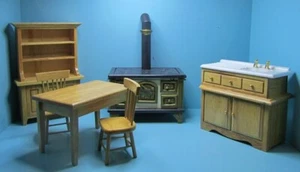 Dollhouse Miniature Complete Wood Kitchen Set in Oak with Old Fashion Stove 0144 - Picture 1 of 9