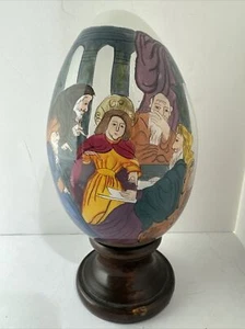 Vintage Glass Reverse Hand Painted Glass Egg With Wood Pedestal Signed 1991 SMC - Picture 1 of 8