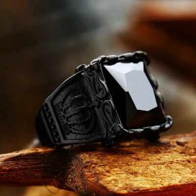 Anillo de boda retro corona negra circonita cúbica acero inoxidable vintage para hombre anillo negro Foto 1 de 3