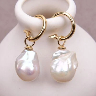 Cultured White Keshi Baroque Pearl Stud Earrings Gold Plated Hook Classic Lady - Image 1 of 4