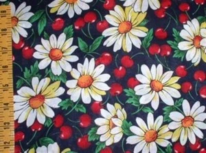 1 3/4 Yards White Daisy & Red Cherries on Black Cotton Fabric - Picture 1 of 1