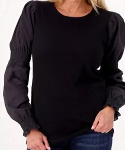 NEW-Studio Park Shawn Killinger Women's Rib Knit Top W Gathered Sleeve-Black-1X - Picture 1 of 5
