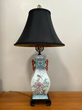 Vintage Japanese Porcelain Handpainted Flowers & Bird Vase w/Red Ears Table Lamp