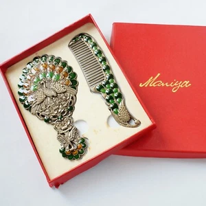 Colorful Enameled Peacock Pattern Cosmetic Hand Held Mirror Comb Set - Picture 1 of 13
