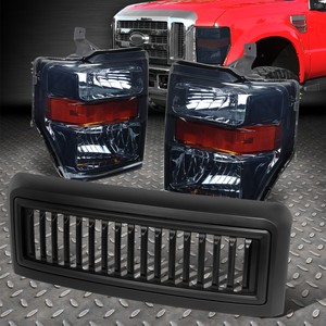 FOR 08-10 FORD F250-F550 SMOKED/AMBER HEADLIGHT LAMP+MATTE VERTICAL FRONT GRILLE
