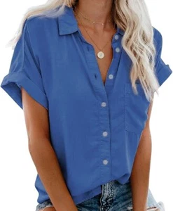 Women's Summer Spread Collar Short Sleeve Button Down Loose Fit Blouse Shirt B S - Picture 1 of 7