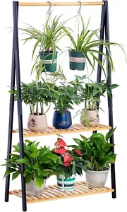 New-Bamboo 2-tier Hanging Plant Stand Planter Shelves Flower Pot Organize - Picture 1 of 6