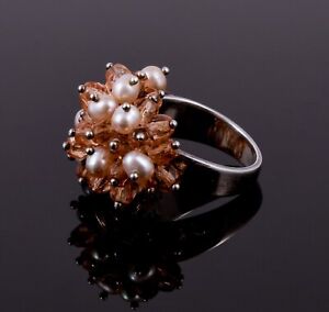 Beautiful Sterling Silver Lisa Carney Design Pink Hint Pearl & Bead Cluster Ring