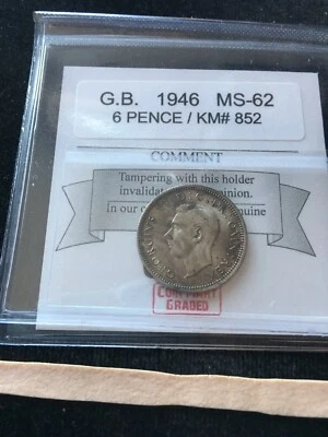 1946  Great Britain ; 6 Pence, Coin Mart Graded**MS-62** KM# 852 - Image 1 of 4
