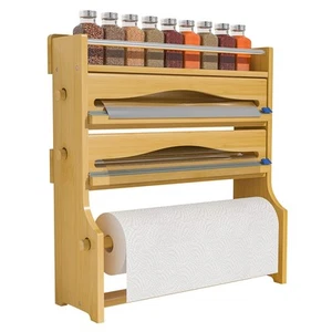 Foil Plastic Wrap Organizer Dispenser - Wall Mounted Bamboo Kitchen Paper Tow... - Picture 1 of 6
