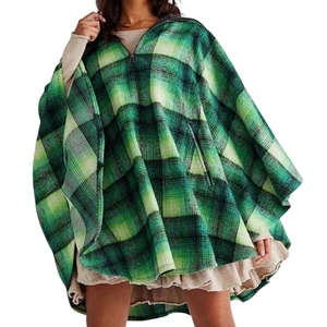 NEW FREE PEOPLE KELLY GREEN WOODSTOCK BRUSHED PLAID PONCHO CAPE JACKET ONE SIZE - Picture 1 of 12