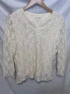 Coldwater Creek Womens Ivory Floral Lace Top Small Crochet Trim 3/4 Sleeve - Picture 1 of 11