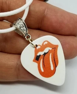 Rolling Stones Emblem White Guitar Pick Necklace with White Rolled Cord - Picture 1 of 2