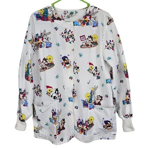 Baby Looney Tunes Christmas Scrub Top Tunic White Multi Character Size Large - Picture 1 of 14