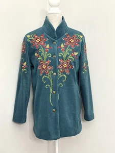 Bob Mackie Wearable Art Jacket Womens Size M Fleece Green Floral Embroidered - Picture 1 of 9