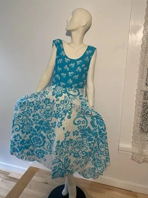 VTG 80s Phool Blue White Print Dress Full Circl Skirt Adini India Cotton tank M - Image 1 of 4