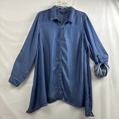 Blusa túnica para mujer Zac & Rachel cambray asimétrica abotonada Lyocell talla 2X Foto 1 de 4