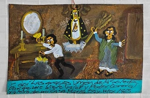 Ex-Voto Danke, dass du mich vor Einbrecher gerettet hast mexikanisches Blechschild Retablo Volkskunst - Bild 1 von 6