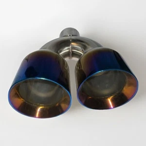 Twin 4" Outlet 2.5" Inlet Angle Cut Dual Wall Stainless Blue Chrome Exhaust Tip - Picture 1 of 10