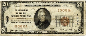 Banconota banca nazionale 1929 $20 Northumberland, Pennsylvania taglia piccola fr #S-2140 - Foto 1 di 2