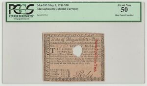 PCGS 50 - $20 Massachusetts 1780 Sign Wales & Cranch w United States Watermark 