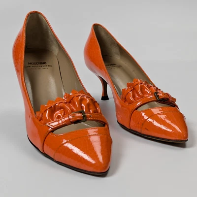 Moschino Patent Leather Orange Animal Print Buckle Ruffle Pump Heels EU37 US7 - Image 1 of 4