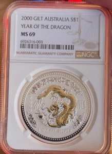 2000 SILVER AUSTRALIA 1 OZ GILT $1 YEAR OF DRAGON LUNAR COIN NGC MS 69 BOX COA - Picture 1 of 3