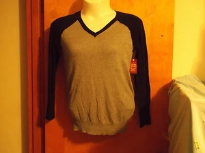 NEW LADY'S FADED GLORY GREY COLOR w/ BLK SLEEVE  V' NECK" LIGHTWEIGHT  SWEATER - Picture 1 of 3