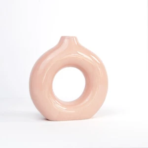 18cm Tall Pink Doughnut Ceramic Vase Flowers Artificial Table Boho Home Decor - Picture 1 of 5