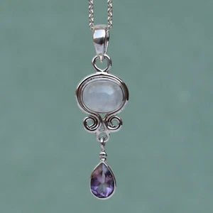 Natural Moonstone & Amethyst Pendant Pear drop gemstone Pendant handmade-P026 - Picture 1 of 2