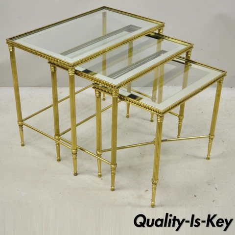 Brass Italian Hollywood Regency Side Nesting Tables Glass Top Tapered Legs Set 3 Cover