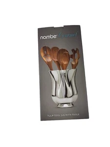 Nambe Tulip Tool Jug with 5 Piece Kitchen Tool Set, Alloy Metal, Acacia Wood - Picture 1 of 5
